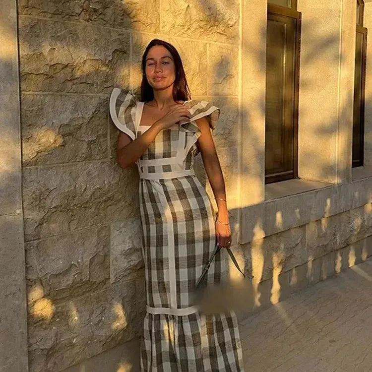 Elegant Vintage Plaid Flying Sleeve Spliced Dress Women Square Collar High Waist Vestido 2024 Spring High Street Female Robe