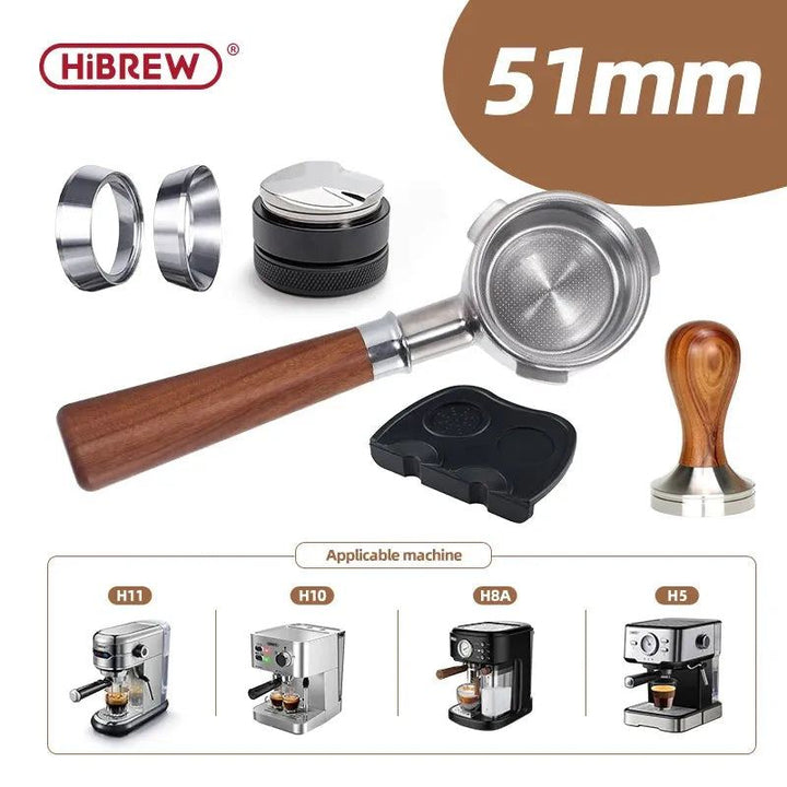 HiBREW 51mm Bottomless Coffee powder handle 304 stainless steel and solid wood