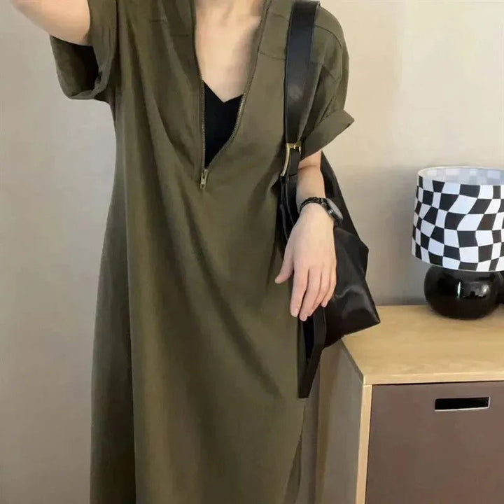 Vintage Herben-style Senior Zipper Dress Women's Summer Loose Skinny-covered Casual MIDI Skirt