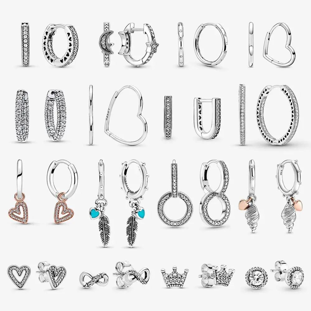 Original 925 Sterling Silver Earrings 2023 Stud Hoop Crystal Earings For Women Rose Gold Crown Heart Infinity Bee Earing Jewelry