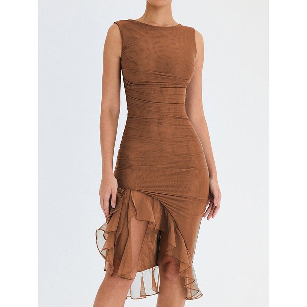 Mozision Elegant Ruffle Ruched Midi Dress For Women Robe Summer New Backless Sleeveless Vintage dresses - Jointcorp