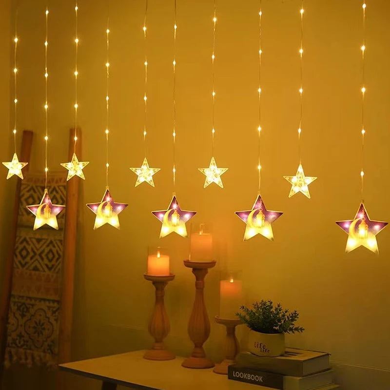 Eid al-Fitr Mubarak Star Moon Light String LED Night Lamp Window Fairy Light for Home Islamic Muslim Ramadan Indoor Decoration