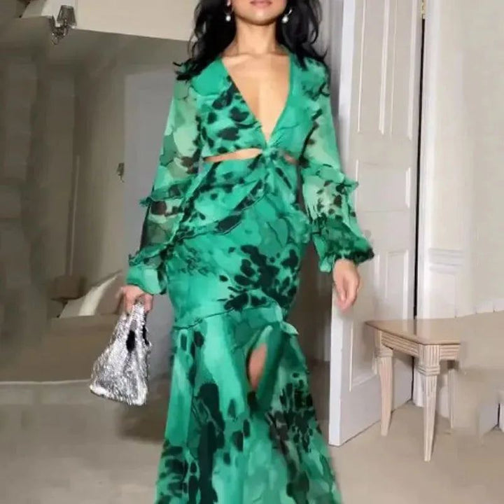 Women Maxi Dress Long Lantern Sleeve V Neck