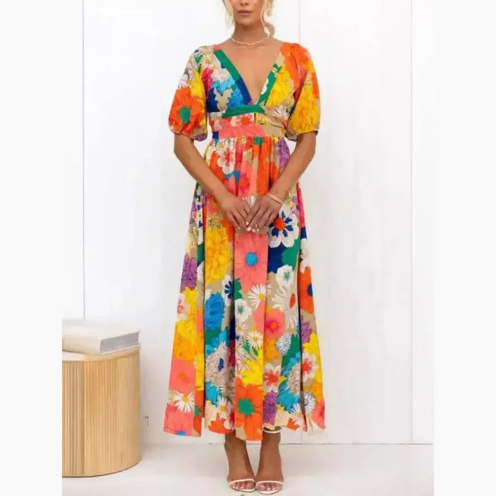 Summer Fashion New Elegant Women's Dress V-neck French Printed Bubble Sleeves Leisure Vacation Wind Flower Petal Long Dress