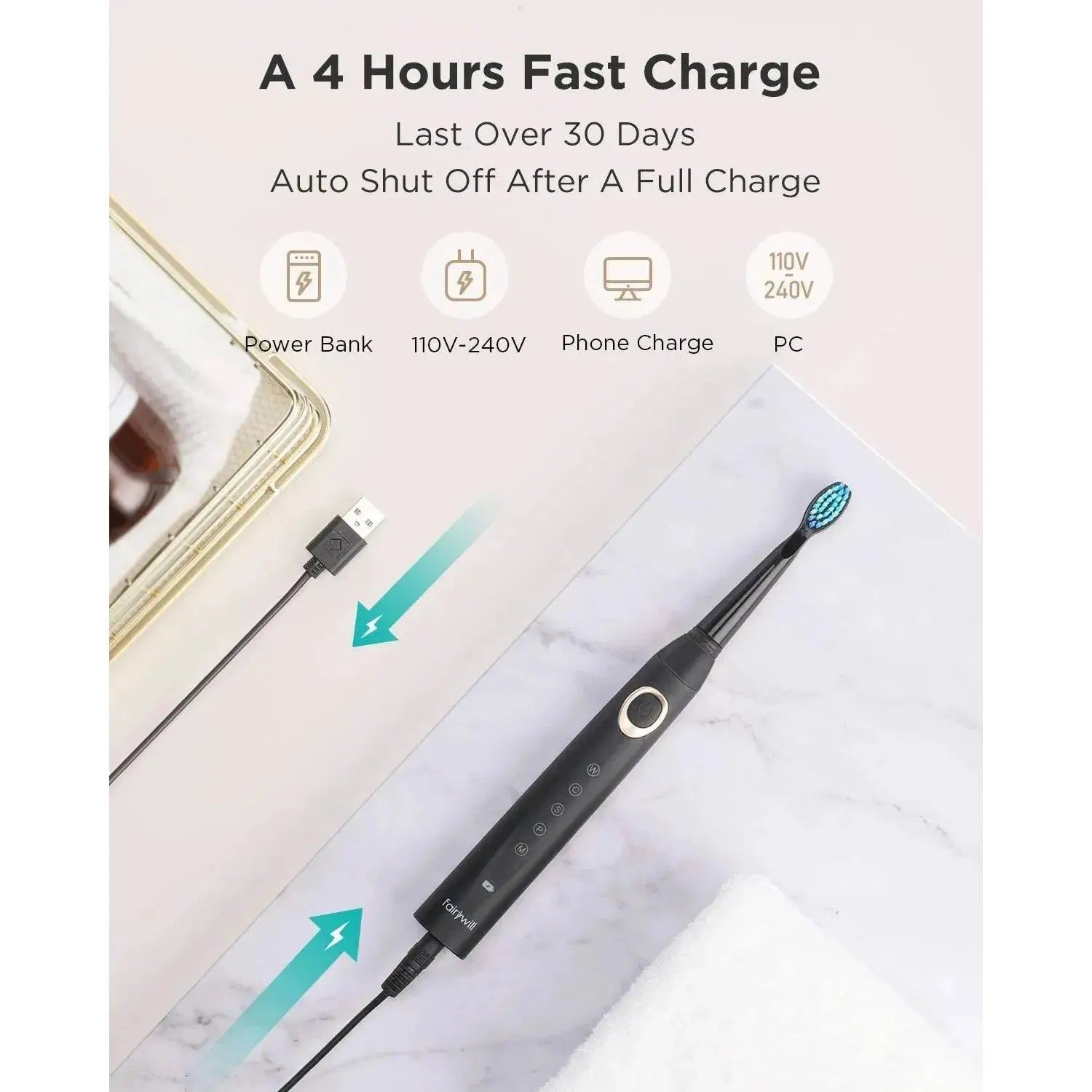 Fairywill Electric Toothbrushes for Adults Kids 5 Modes Smart Timer Rechargeable Whitening Sonic Toothbrush with 8 Brush Heads