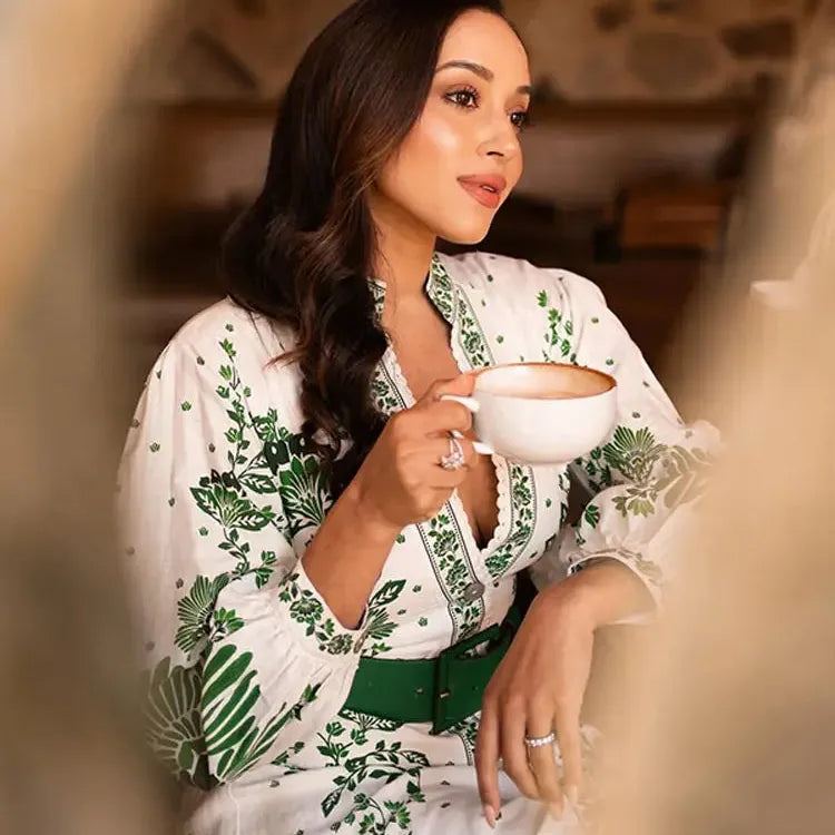 Chic Green Print Single Breast Maxi Dress Women Elegant Lapel Long Lantern Sleeves Long Robes 2024 New Beach Vocation Vestido