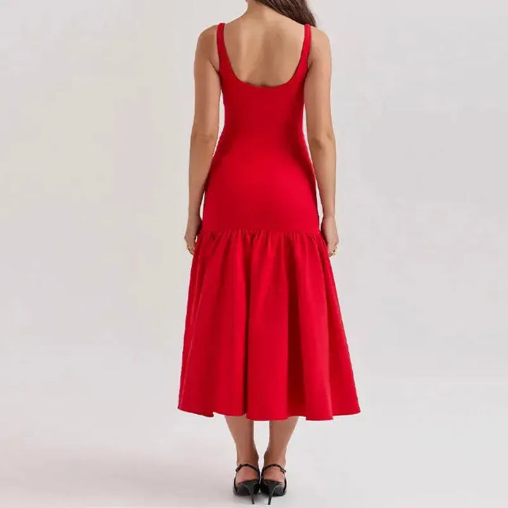Elegant Ruffles Sling Midi Women Dress Square Collar Solid Sleeveless Vestidos Summer Fashion Slim Female Gown Sexy Red Dress