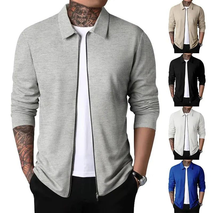 Spring and autumn 2023 new men's Sportswear, zippered long sleeved polo shirt+polyester fiber, solid checkered