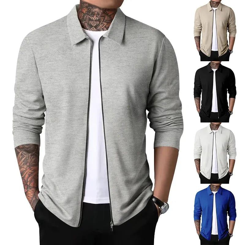 Spring and autumn 2023 new men's Sportswear, zippered long sleeved polo shirt+polyester fiber, solid checkered