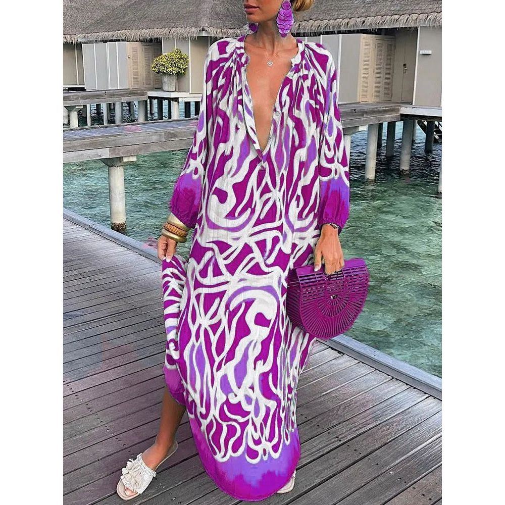 Dresses for Women Vintage Maxi Deep V-Neck Long Sleeve Boho Print - Jointcorp