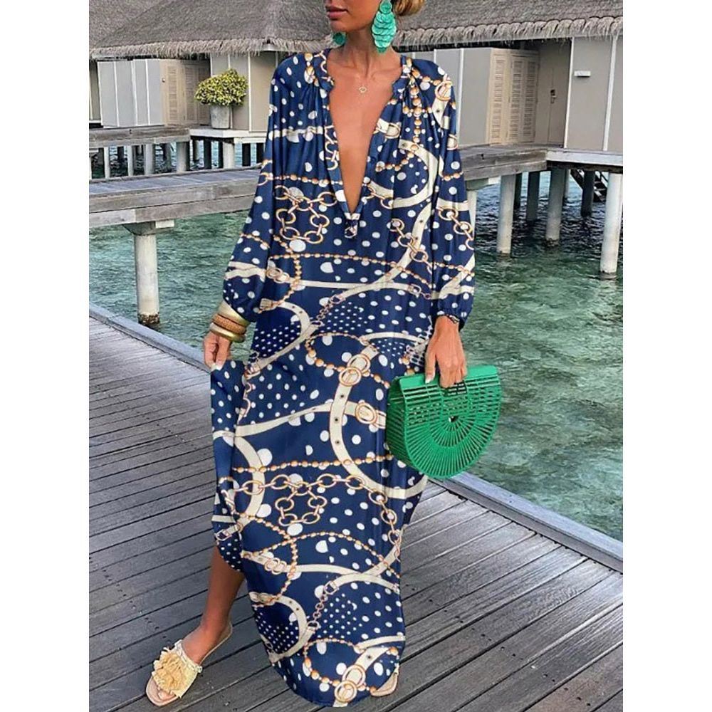Women Boho Print Beach Cover Up 2023 Summer Sexy Deep V-Neck Long Sleeve Long Dresses Female Vintage Maxi Dresses Elegant Robe - Jointcorp