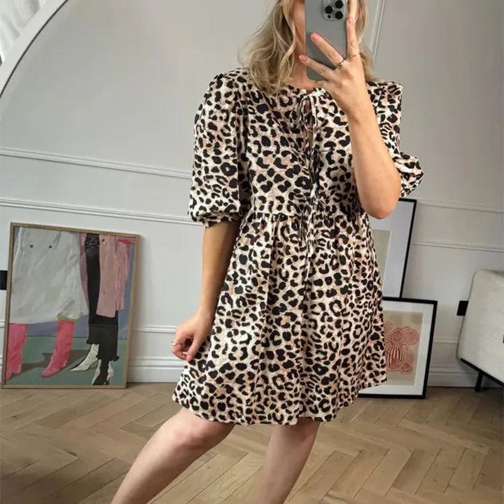 Street Lace Up Hollow Out Dress Women Elegant Puff Sleeve Loose Female Mini Dresses 2024 Summer Cotton Casual Sweet Short Robe