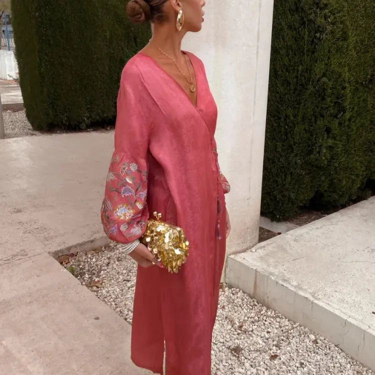 2024 Women Plus Size Holiday Long Dress Elegant V Neck  Lantern Embroidery Sleeves Lace Up Vestidos Summer Lady Beach party Robe