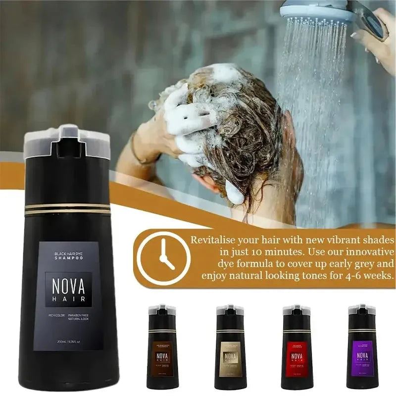 Nova Professional Black Hair Dye Shampoo Instant Dye Shampoo, Grey Coverage Shampoo, 3 in 1 for Women and Men