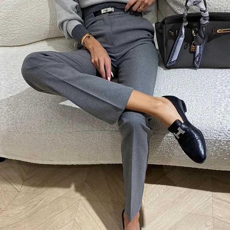 Women Two Piece Set Autumn Thin Solid Lapel Long Sleeve Zipper Pullover Slim Top Loose Straight Pants Sets With Belt