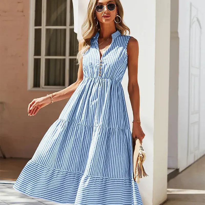 Striped Shirt Dress Women Sleeveless V-Neck Long Dresses Summer Casual Buttons A-Line Beach Holiday Dresses Female Clothing