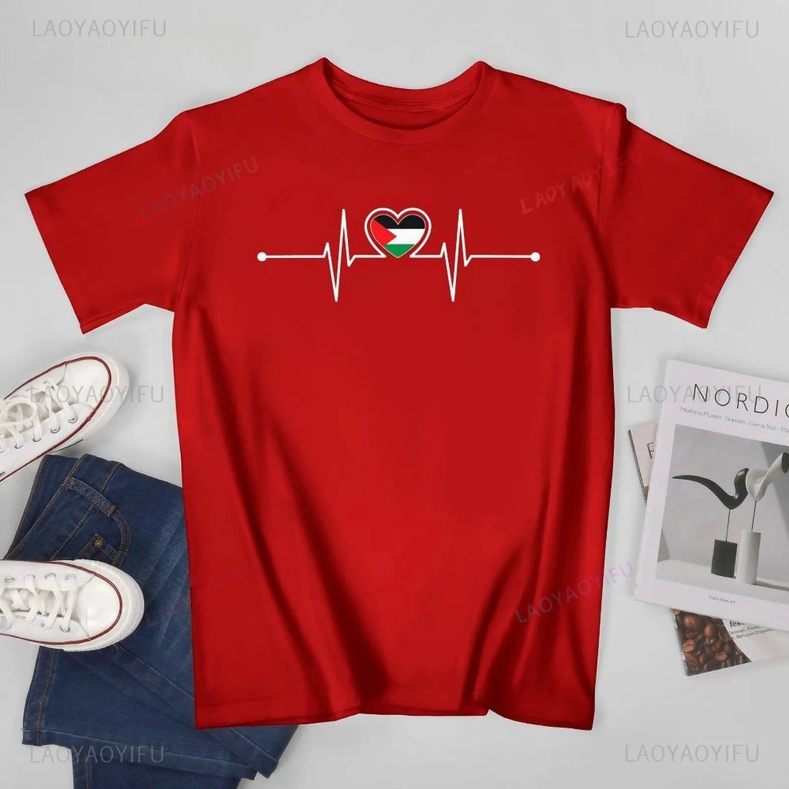 Vintage Unisex Men Palestine Heartbeat Palestine Palestinian Flag Tshirt Tees T Shirts Women Boys Cotton Classic T-Shirt