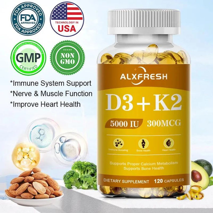 Vitamin D3+K2 5000 IU 300 MCG Vitamins Capsules | Non-GMO, Vegan, Nutural, Gluten-free | Health Supplement