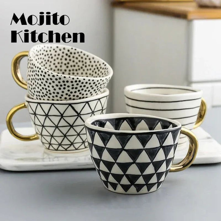 Hand Painted Geometric Ceramic Mugs With Gold Handle Handmade Irregular Cups For Coffee Tea Milk Oatmeal Creative Birthday Gifts