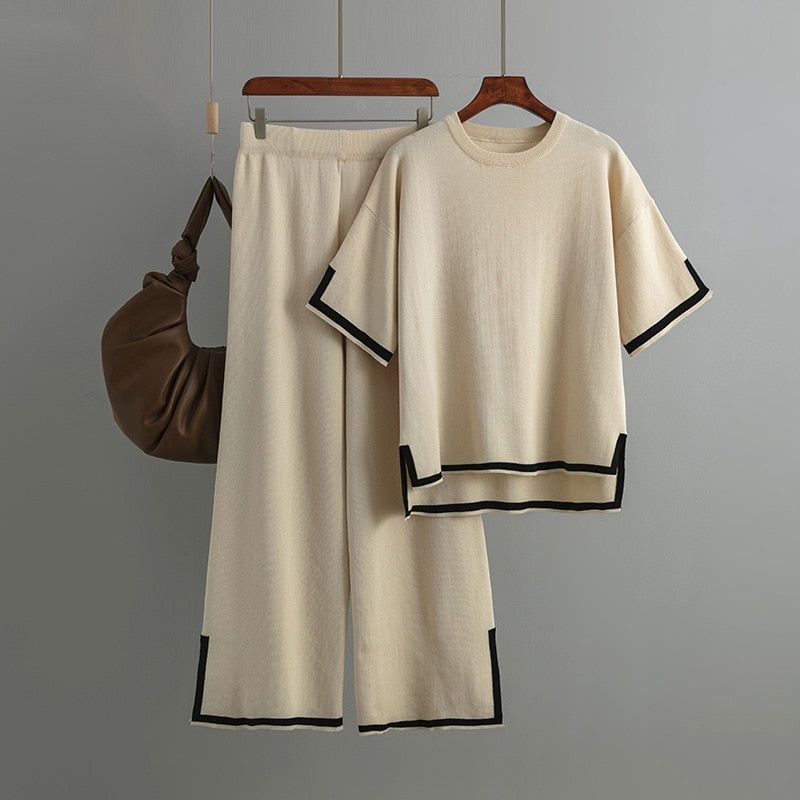 WAYOFLOVE Women Knitted Sweater Two Pieces Sets Spring Autumn O-Neck Loose Pullovers Sweater Tops & Wide-Leg Pants Knitwear Suit Plus size - Jointcorp