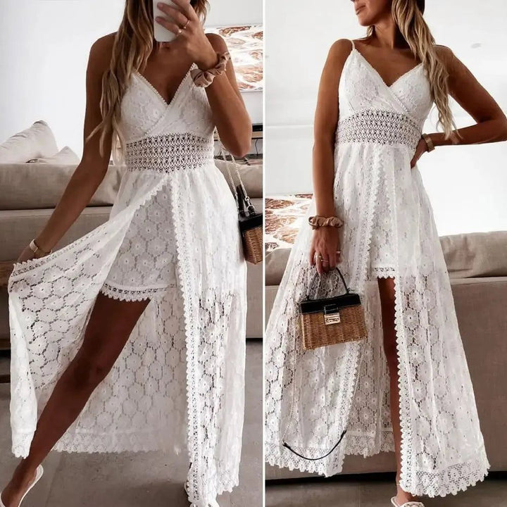 Summer Popular  Long Dress White Women Jumpsuit Sexy Shorts Playsuit Lace Hollow-Out Sleeveless for Vacation High Waist Rompers