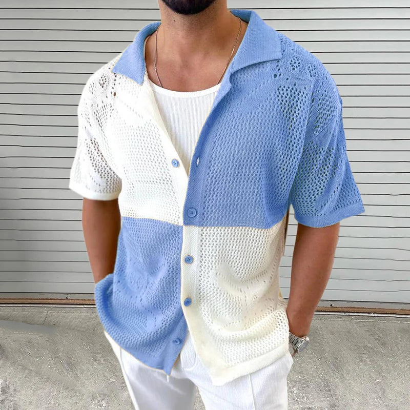 Vintage Contrast Color Hollow Out Knit Shirt Men Summer Casual Short Sleeve Button-up Lapel Knitted Mens Shirts Fashion Cardigan