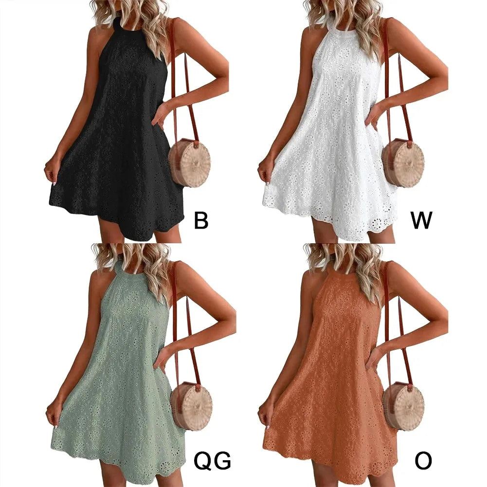 Women's Sleeveless Dress Hanging Neck Casual Ladies lace All-match All-match Solid color Beach Spring Summer