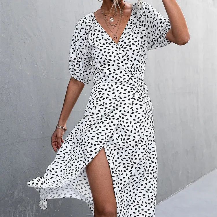 Casual Women Chiffon Dress V Neck Side Wrap Midi Dress Summer Polka Dot Dress Female Puff Sleeve Boho Fashion A-line Split Dress
