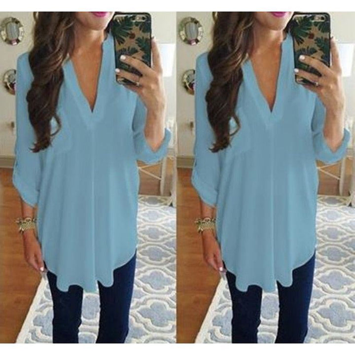 Loose Maternity V-Neck Blouse Long Sleeve Shirt Pullover Tops Chiffon Female Women Solid T-Shirt Streetwear Clothing Plus Size - Jointcorp