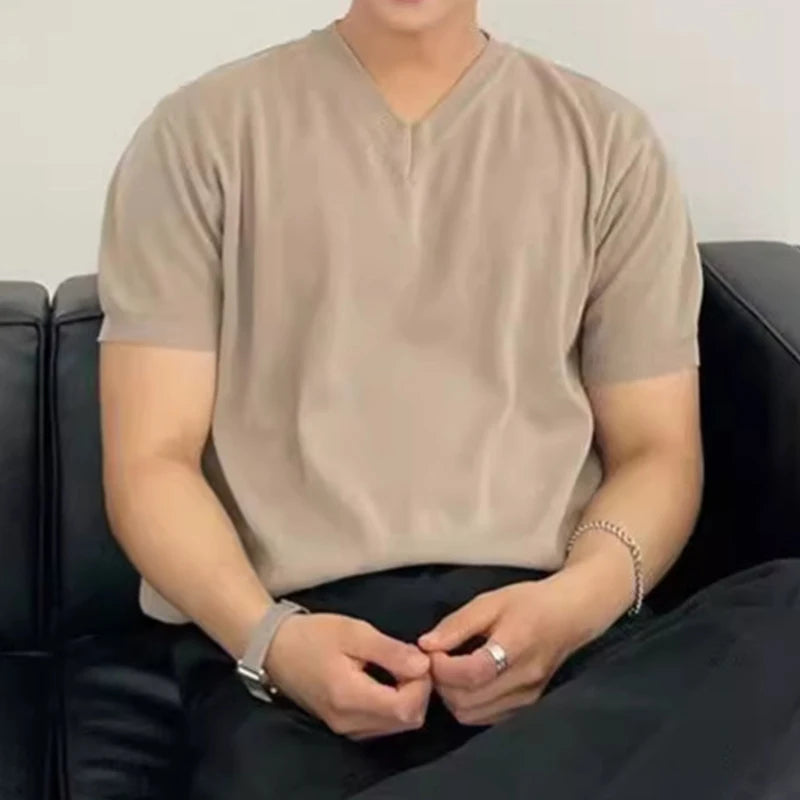 Streetwear Men Clothing Fashion V Neck T Shirts Knitted Short-sleeved Mens T-shirt Knitwear Summer Casual Solid Color Knit Tops