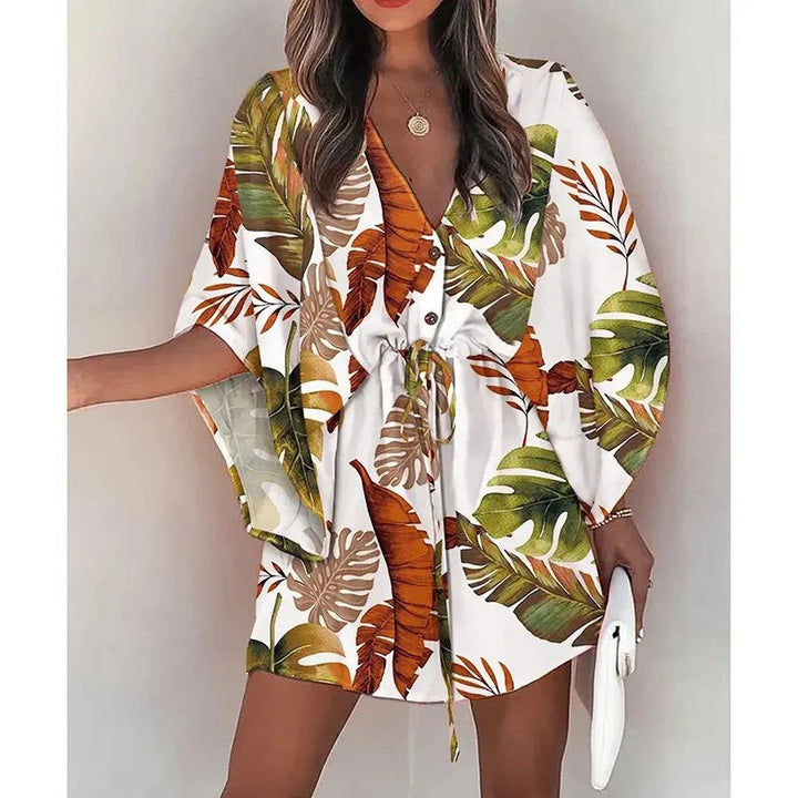 Holiday Style Dresses Women Sexy V-neck Batwing Sleeve Lace-up Fashion Printed Dress Summer Beach Causal Half Sleeve Short Dress