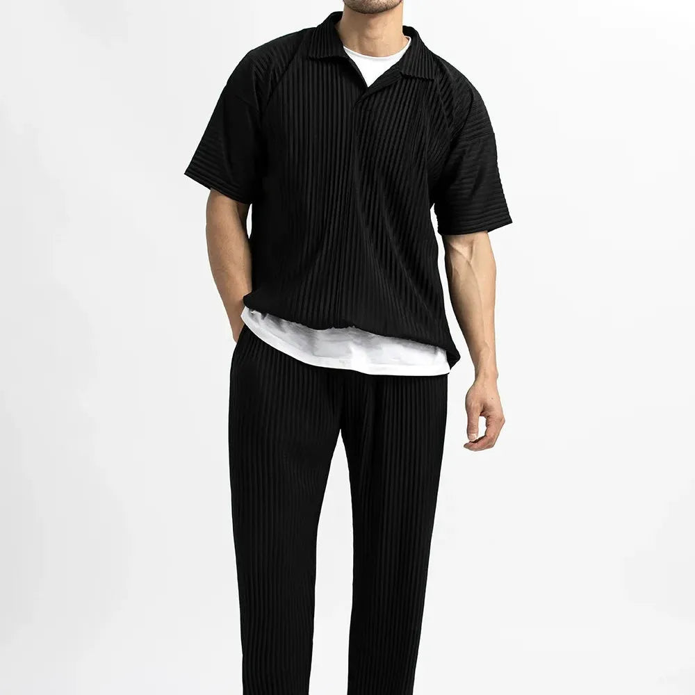 Miyake Pleated Men Polo Shirt Short-sleeved Lapel T Shirt Breathable Loose Casual Plain Top Miyake Men