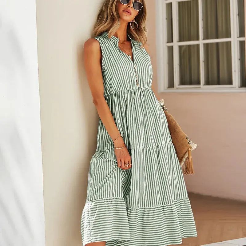Striped Shirt Dress Women Sleeveless V-Neck Long Dresses Summer Casual Buttons A-Line Beach Holiday Dresses Female Clothing