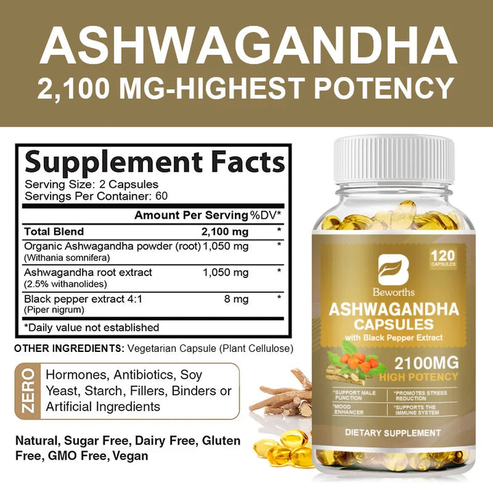 BEWORTHS Organic Ashwagandha Root Extract Capsules Help Sleep Stress Relief Better Mood Balance hormones Male Functional Health
