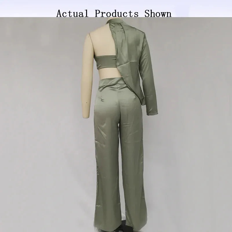 Women Two Piece Stylish Trend Solid One Shoulder Round Neck Irregular Pleated Top Loose Wide Legs Pants Set Streetwear