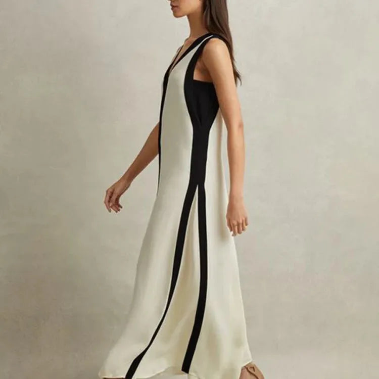 Holiday Elegant Knitted Long Dress Women Sexy Deep V Neck Sleeveless Patchwork Robe 2024 Summer Lady Evening Party Vestidos