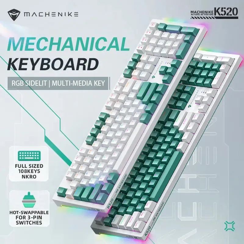 Machenike K520 Mechanical Keyboard Wired Connection Blue Switch Hot Swappable 108 Keys LED Backlit RGB Sidelit Gaming Keyboard