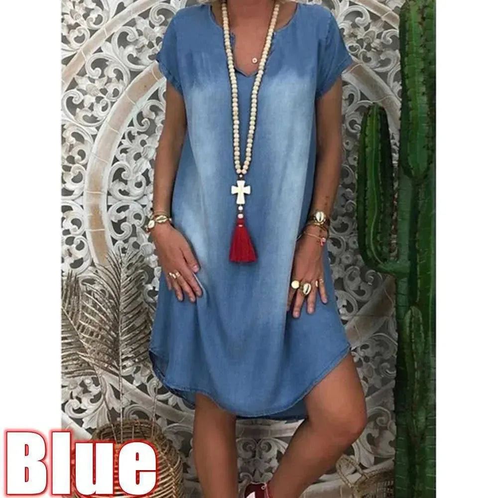 Denim Dress S-5xl Women's NEW Fashion Casual Solid Sexy V Neck Long Party Loose платье Short Sleeve Swing Summer Dress