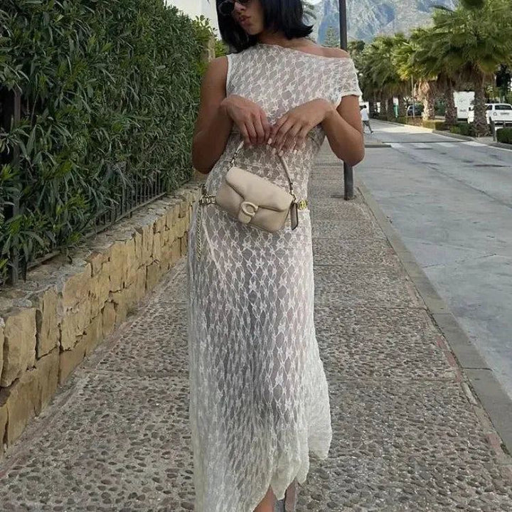 fashion Hollow Out See-through Lace Long Dress Elegant Irregular Hem O Neck Sleeveless Dresses Lady Chic Bodycon Party Vestido