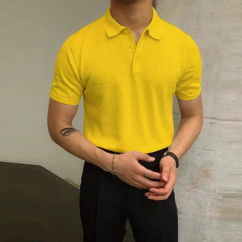 Fashion Slim Short Sleeve Mens Knit Tops Turn-down Collar Buttoned Casual Breathable Knitting Polo Shirt For Men Summer T Shirt