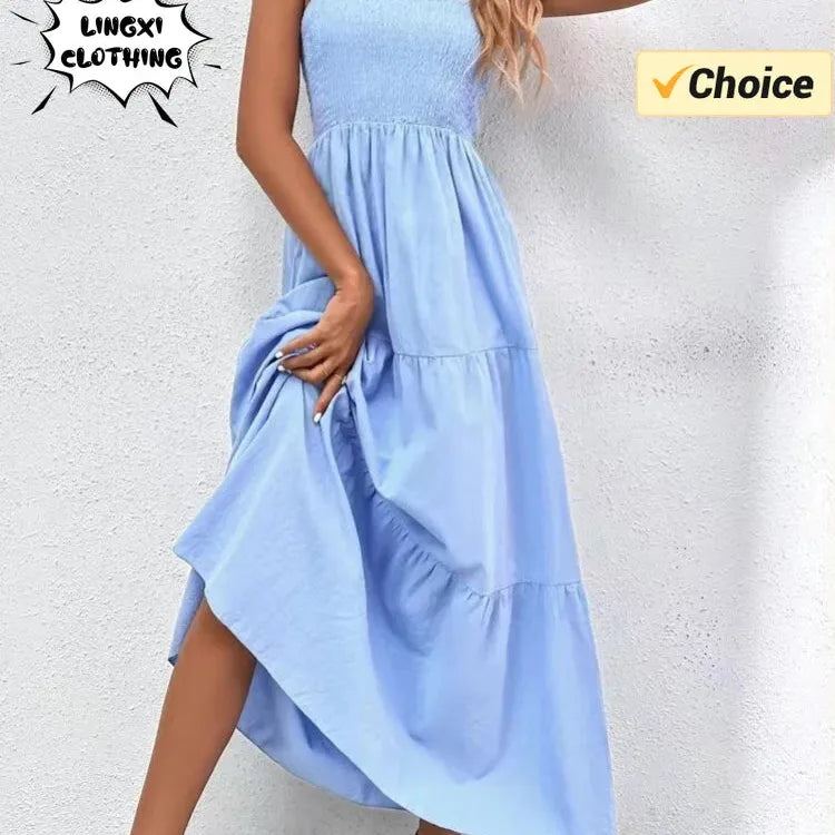2024 Summer New Solid Color Long Dress with Hanging Straps Elegant and Pleated Dress Commuter Style Fashion Women's Puff Skirt