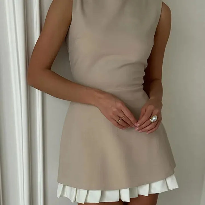 Round Neck Patchwork Strapless Mini Dress Women Backless Sleeveless Slim Pleated Dresses 2024 Fashion Lady Party Prom Vestidos