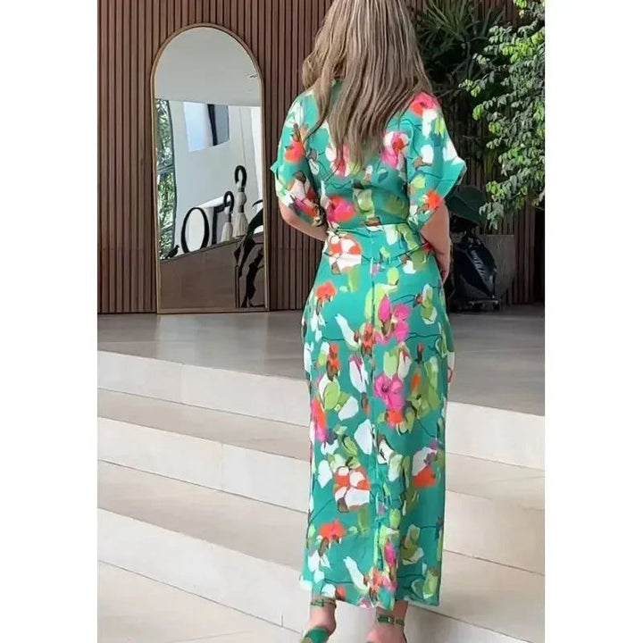 Women Dresses Short Sleeve Turn Down Collar Single Breasted Button Blouses Dress Vestidos Patchwork High Street Print Belt