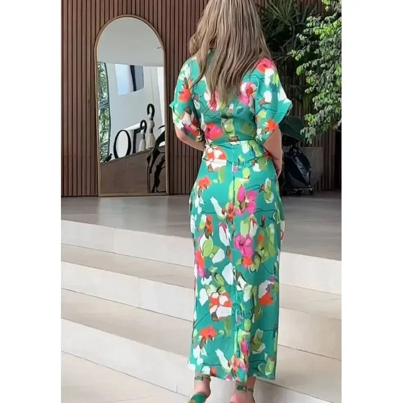 Women Dresses Short Sleeve Turn Down Collar Single Breasted Button Blouses Dress Vestidos Patchwork High Street Print Belt