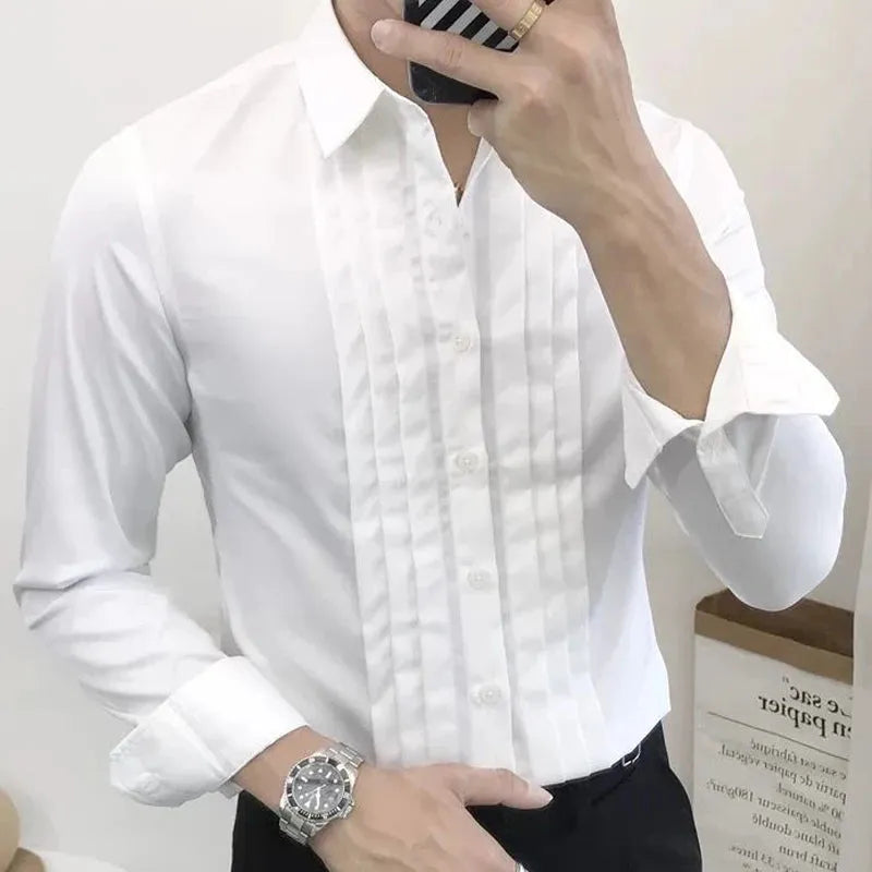 Spring Autumn New Solid Color Fashion Long Sleeve Shirt Man High Street Casual Button England Pleated Office All-match Cardigan