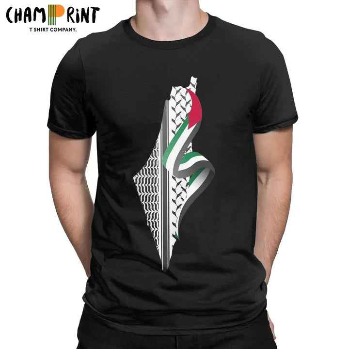Palestinian Keffiyeh Palestine Map T-Shirt for Men Vintage 100% Cotton Tee Shirt Round Neck Short Sleeve T Shirts Gift Clothing