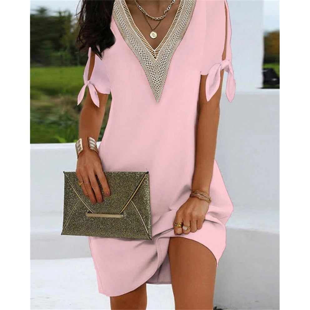 Dresses Elegant Lace Decoration V Neck Pullover for Women Summer Bow Tie Lace-up Split Short Sleeve Vintage dresses - Jointcorp