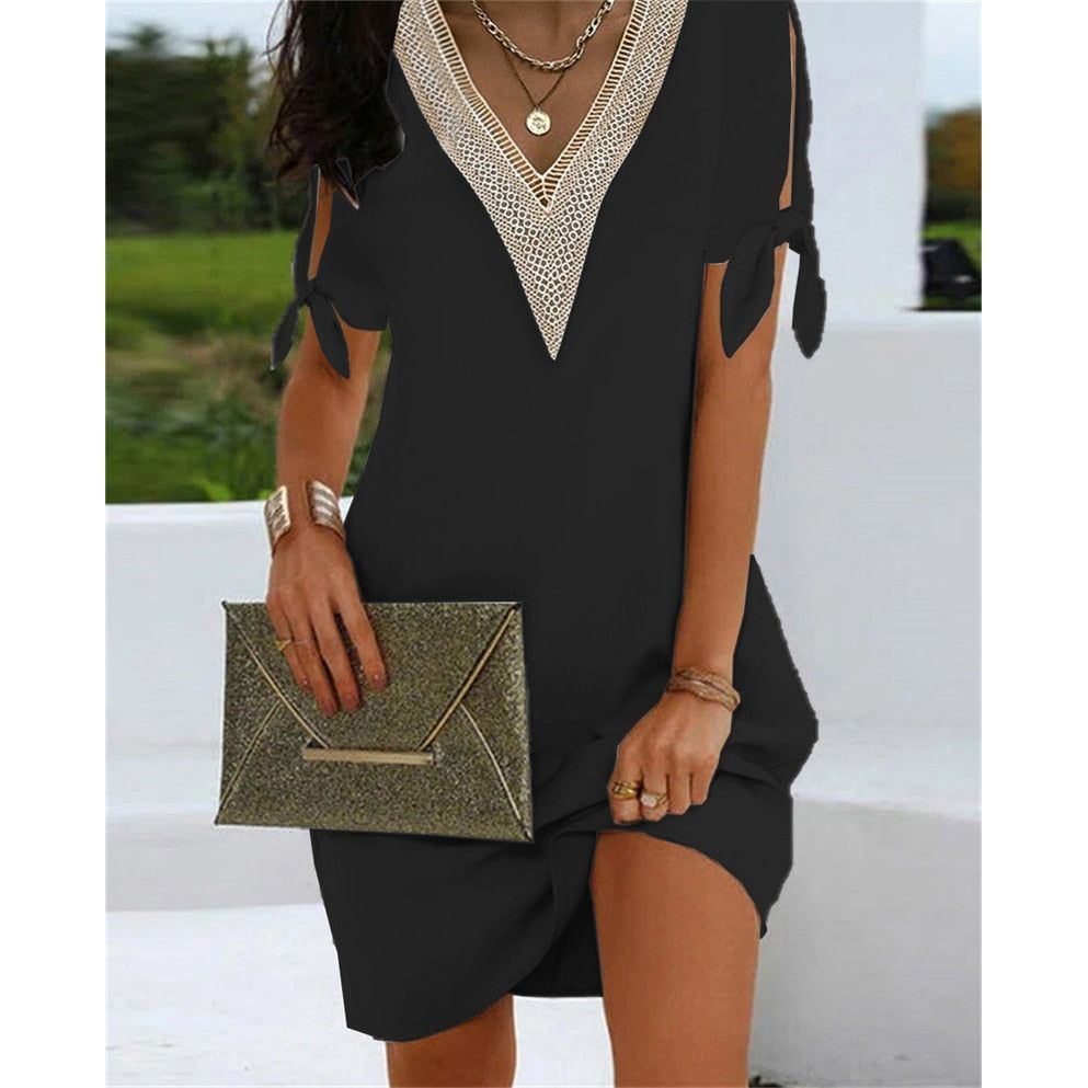 Dresses Elegant Lace Decoration V Neck Pullover for Women Summer Bow Tie Lace-up Split Short Sleeve Vintage dresses - Jointcorp