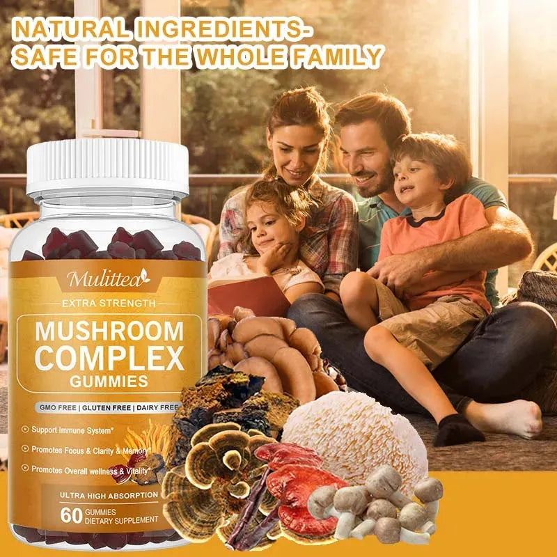Mulittea High Absorption Mushroom Complex Supplements  with Lion's Mane Reishi Cordyceps Chaga Turkey Tail for Memory & Focus