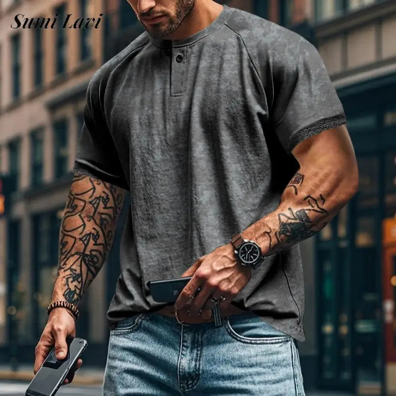 2024 Summer Daily Casual Mens T Shirts Oversize Short Sleeve Solid Color Buttoned Crew Neck Pullover Tees Men Clothes Fashion